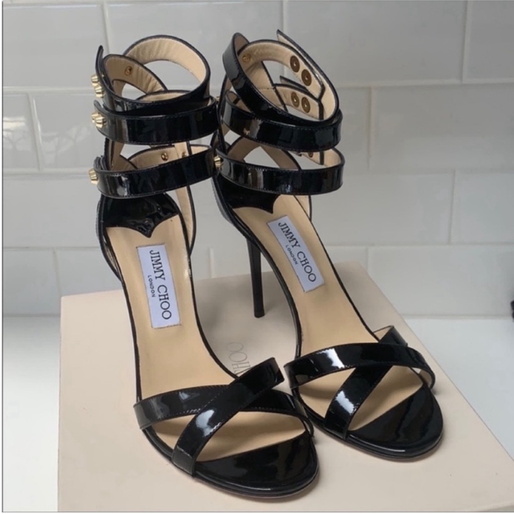 Jimmy Choo Dive Black Patent Leather Cage Ankle Strap High Heel Sandals 391/2